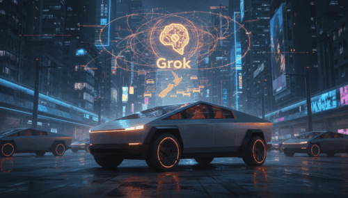 Tesla Grok autonomous vehicle in a high-tech urban environment with digital graphics.