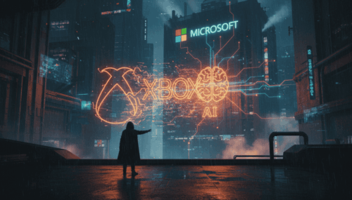 Futuristic city with Microsoft AI and Xbox branding at night.