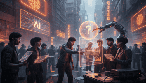 Group of professionals using AI technology for marketing innovation in a futuristic cityscape.