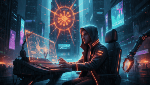 Young woman working on AI cybersecurity in a high-tech cityscape at night.