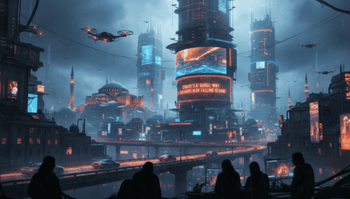 Advanced urban skyline featuring drones flying around towering digital billboards.