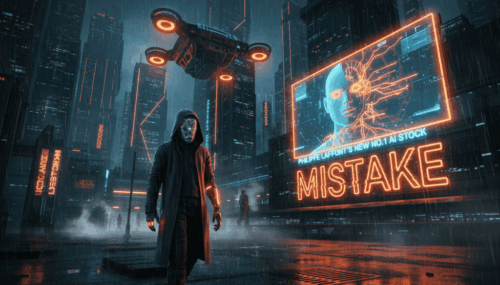 Futuristic cityscape with a person and digital AI warning display about stock mistakes.