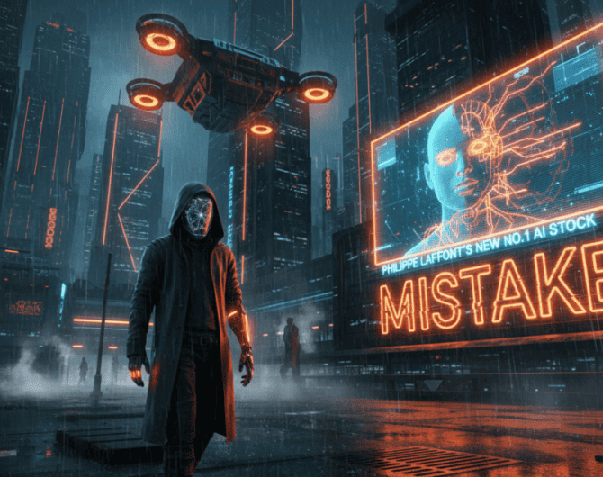 Futuristic cityscape with a person and digital AI warning display about stock mistakes.