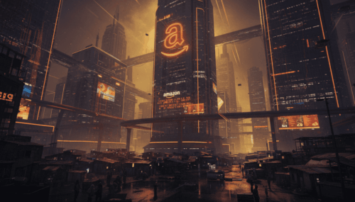 Futuristic cityscape with Amazon branding and digital infrastructure.