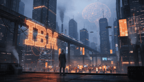 Futuristic cityscape with IBM logo and digital AI elements in a high-tech environment.