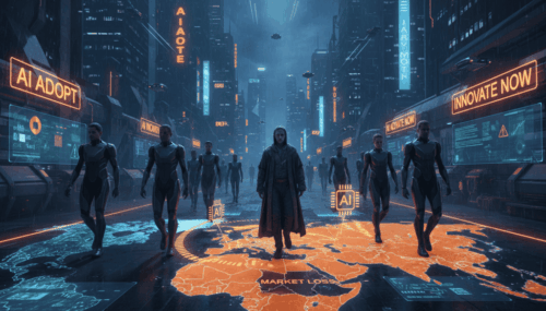 Futuristic cityscape with AI-themed signs highlighting AI adoption and market risks.