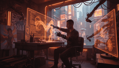 AI-generated art tools in a high-tech workspace with holographic displays and robotic arms.