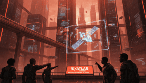 Futuristic space station with satellite and city skyline in red tones.