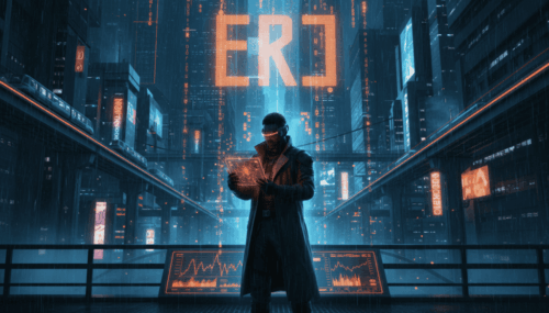 Man using AI technology in a high-tech cityscape with digital data displays.