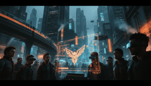 Futuristic cityscape with AI technology and diverse people exploring digital interfaces.