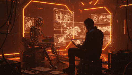 Human artist working with AI robot on digital art creation.