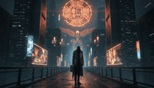 Futuristic digital city with AI symbols and a person observing technology.