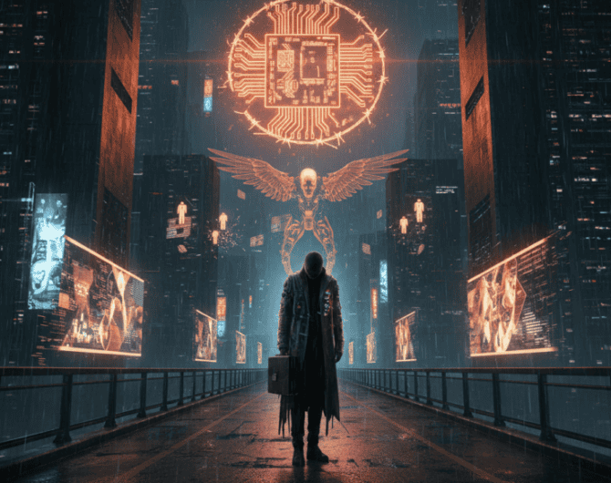 Futuristic digital city with AI symbols and a person observing technology.