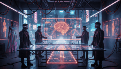 Futuristic AI lab with holographic brain and fashion designers analyzing data.