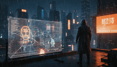 Futuristic cityscape with AI technology and digital security displays at night.