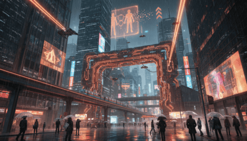 AI cityscape with digital holograms and neon lights, highlighting the impact of AI in modern urban e.