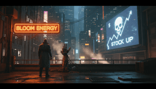 Futuristic cityscape with Bloom Energy sign and stock growth graphics.