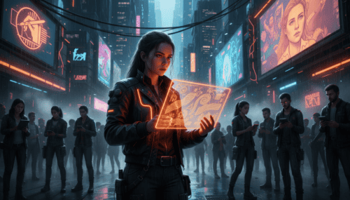 Woman using futuristic digital interface in a neon-lit cityscape with social app users.