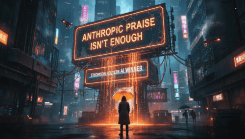 Futuristic cityscape with neon signs about AI praise and Reuters AI competition.