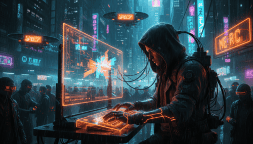 AI-generated art and technology in a futuristic cityscape.