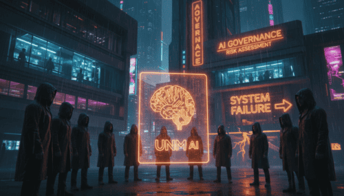 Group of people observing AI risk assessment display at night.