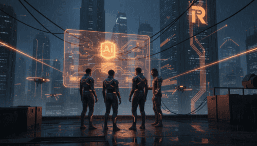 Team of small professionals analyzing AI-driven observability data in a high-tech urban environment.