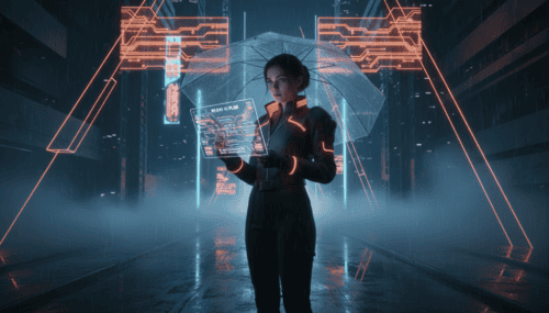 Businesswoman using AI technology with digital interface in a futuristic cityscape.