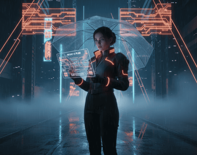 Businesswoman using AI technology with digital interface in a futuristic cityscape.