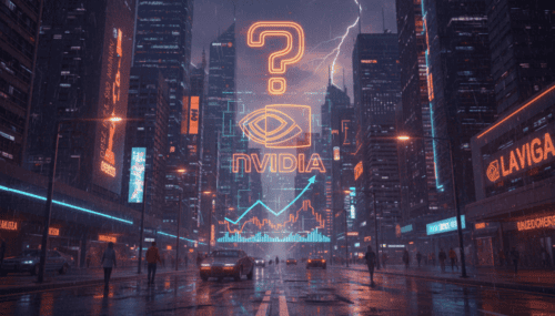 Nvidia logo with AI and stock market graphics in a futuristic cityscape.