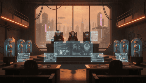 Judges and AI technology in a futuristic courtroom with digital displays and holograms.