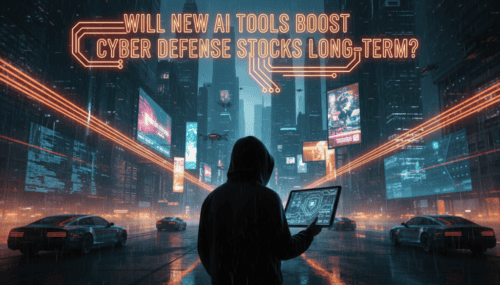 Futuristic cityscape with a person using AI technology for cyber security analysis.