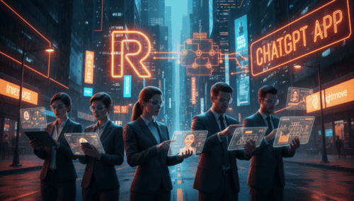 AI-powered ChatGPT app streamlines real estate agent tasks in a futuristic cityscape.