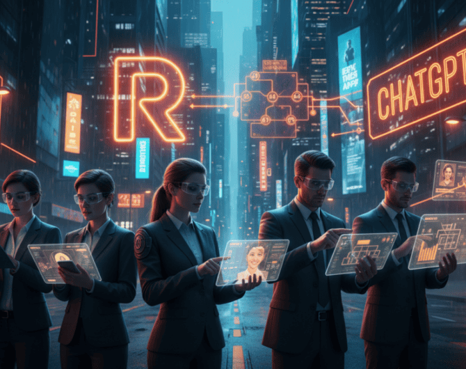 AI-powered ChatGPT app streamlines real estate agent tasks in a futuristic cityscape.