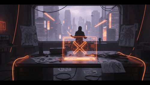 Futuristic artist workspace with digital screens and city view at night.