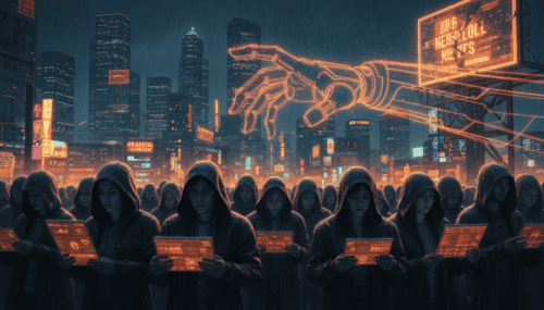 Group of workers using laptops under digital cityscape with AI graphics.