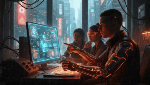 Team using AI technology for prompt engineering in a futuristic office setting.