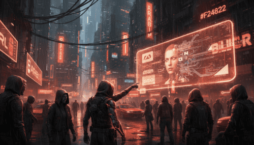 AI-powered digital billboard displaying a woman's face in a cyberpunk cityscape.