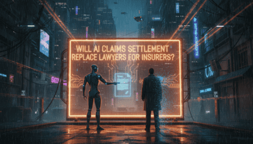 Futuristic scene with AI and human discussing insurance claims in a digital cityscape.