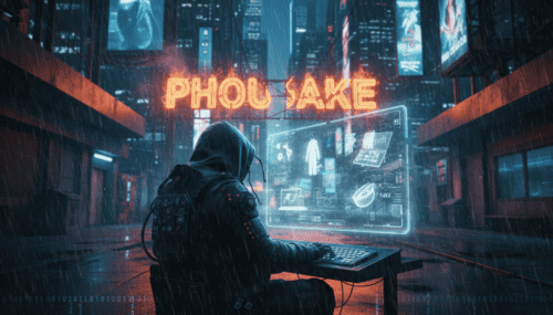 Hacker in hoodie working on a laptop in a neon-lit urban environment, highlighting cybercrime risks.