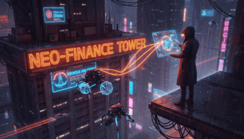 Futuristic scene of AI-powered crypto wallets and drones around Neo-Finance Tower at night.