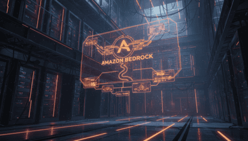 Digital illustration of Amazon Bedrock platform enabling scalable generative AI for small teams.