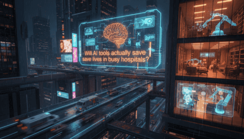 Digital hospital with AI technology and data screens in a futuristic cityscape.