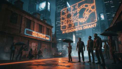 Futuristic city scene with digital AI graphics and people walking in the rain.