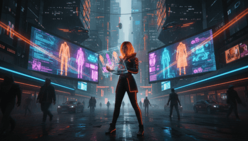 Woman using AI holograms in a futuristic cityscape for fashion insights.