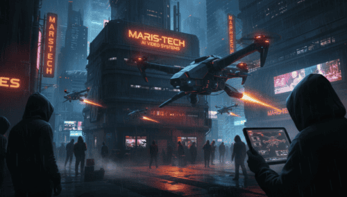 AI drone surveillance in urban environment with advanced video systems.