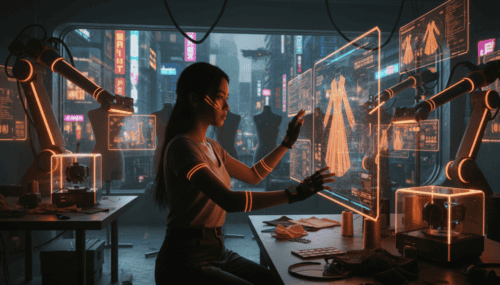 AI-powered fashion design process in a high-tech studio setting.