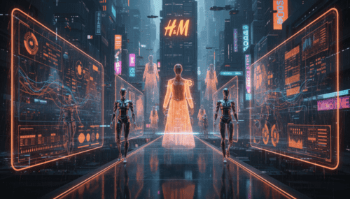 Futuristic digital twin of a fashion model in a high-tech cityscape with H&M branding.