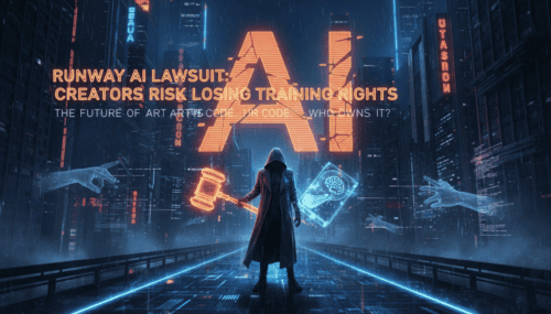 Futuristic scene of a person in a digital city with AI symbols and a gavel, highlighting AI training.