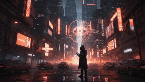 AI and cyberpunk city scene with futuristic technology and digital eye overlay.