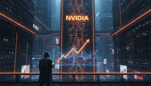 Nvidia logo with stock growth arrow in a futuristic cityscape, AI technology focus.